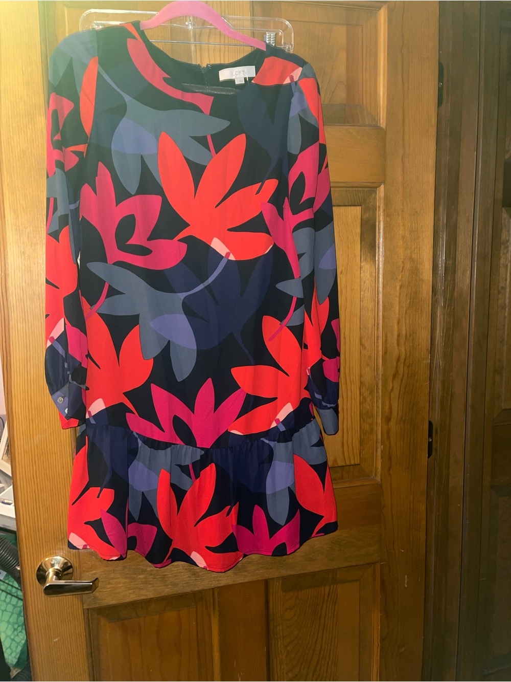 LOFT Navy Long-Sleeve Drop-Waist Dress with Red & Pink Floral Print